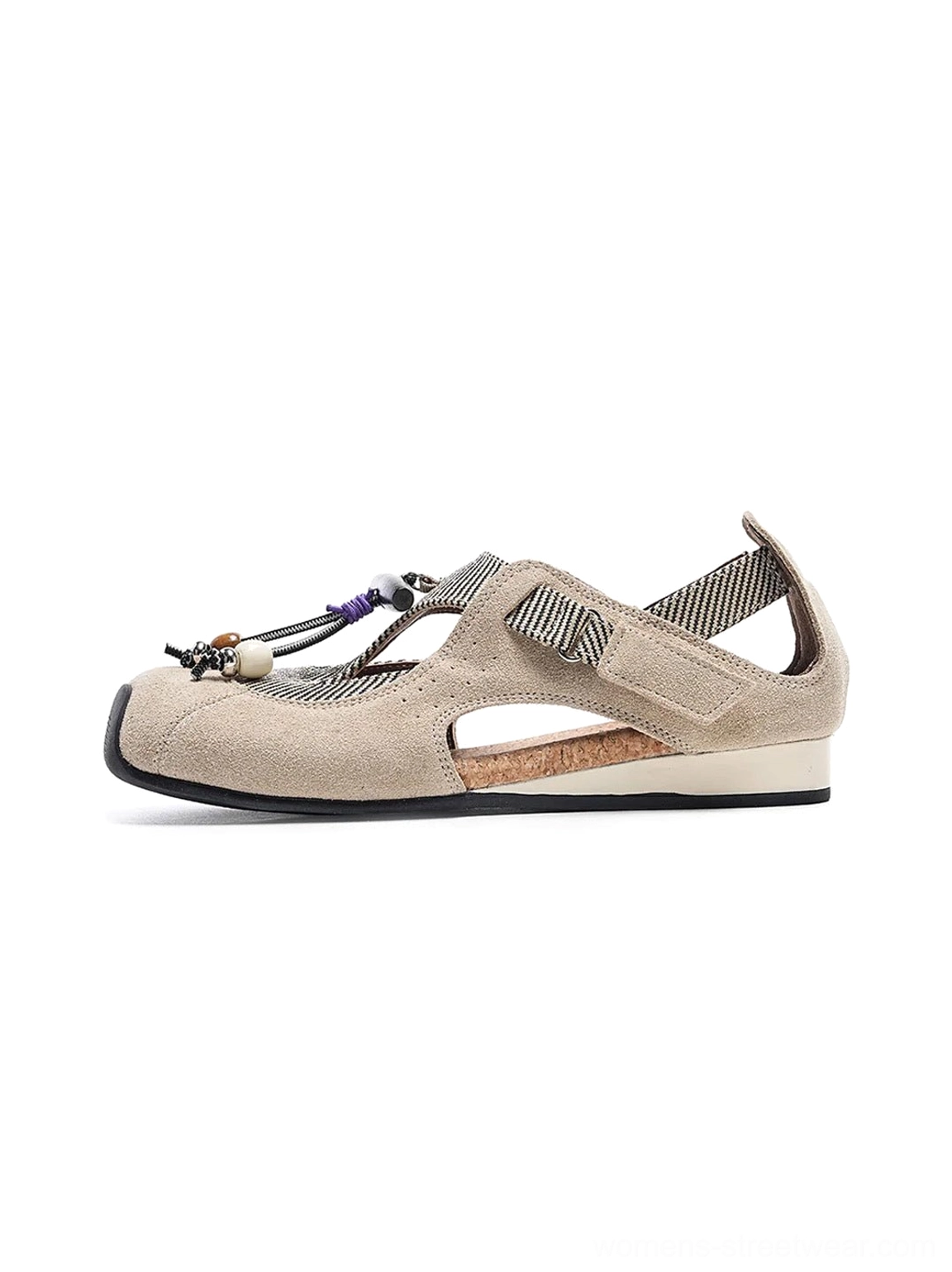 Taupe beaded T-strap cork footbed streetwear ballet sandal shown in left side profile on a white studio background