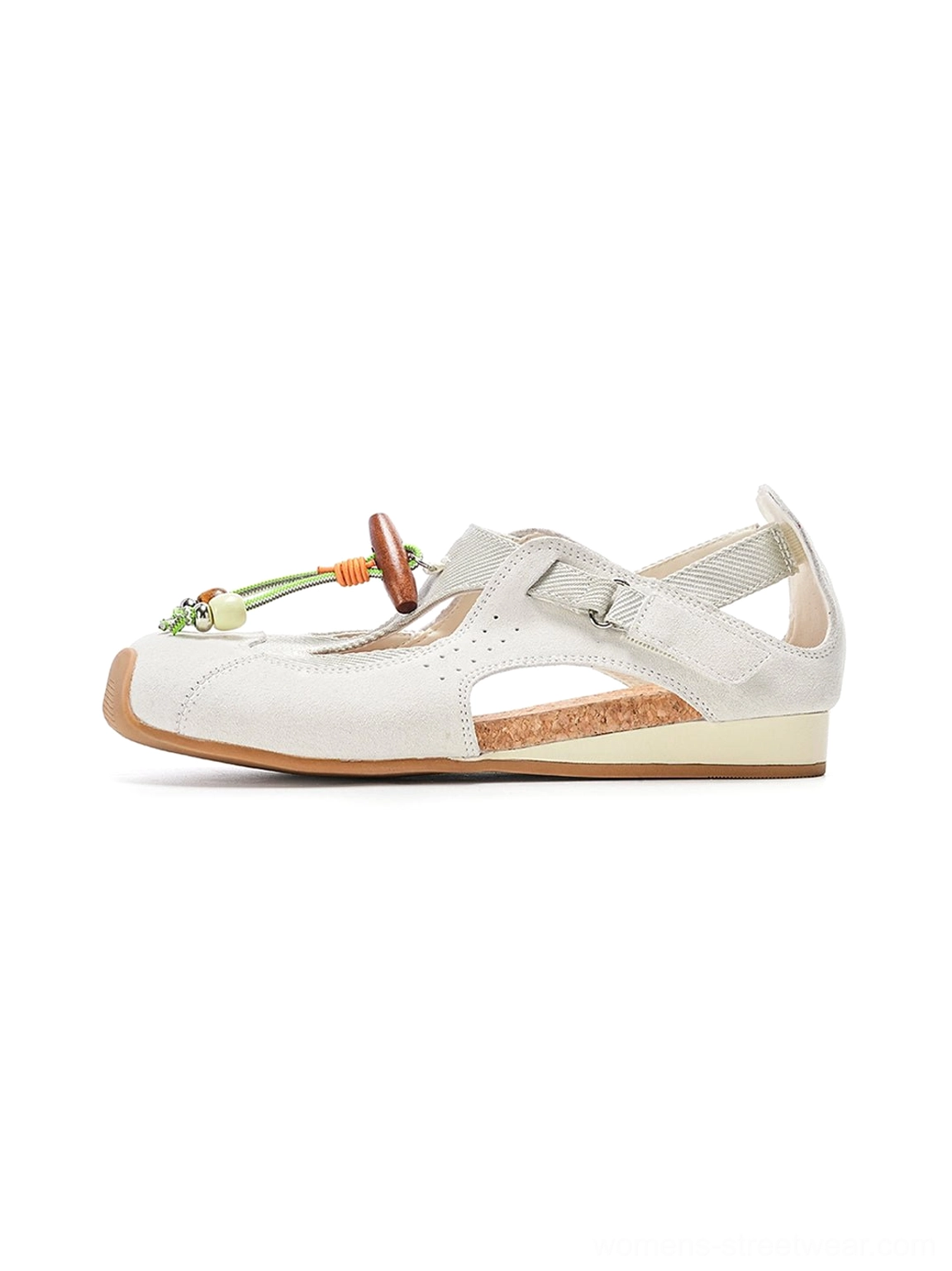 White beaded T-strap cork footbed streetwear ballet sandal with open sides and adjustable hook-and-loop ankle strap