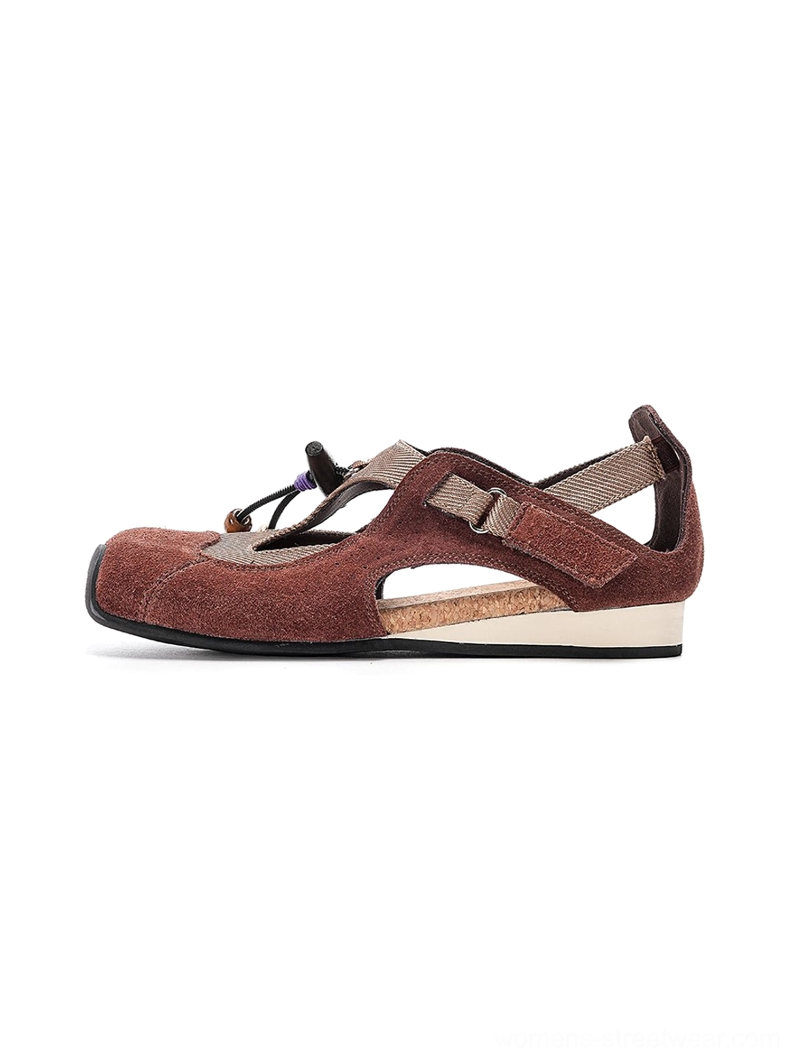 Coffee and beige beaded T-strap cork footbed streetwear ballet sandals product view