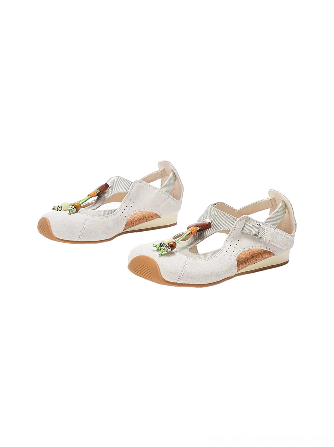 Pair of white beaded T-strap cork footbed ballet sandals shown from above with matching adjustable straps