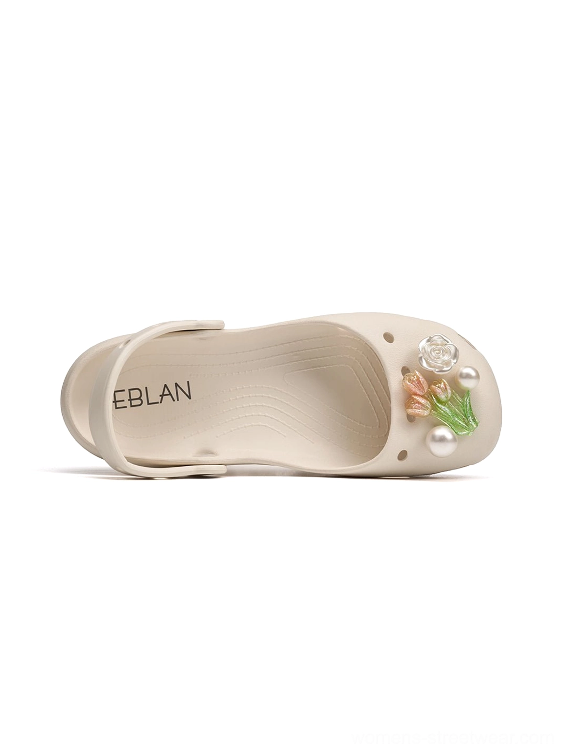 Beige Acubi style Mary Jane slide sandals with hollow breathable upper lifted sole and feminine decorative toe accents