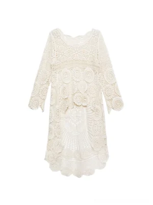 Front flat lay of beige apricot crochet lace high-low tunic dress with round neck, long sleeves, floral openwork, and scalloped hem