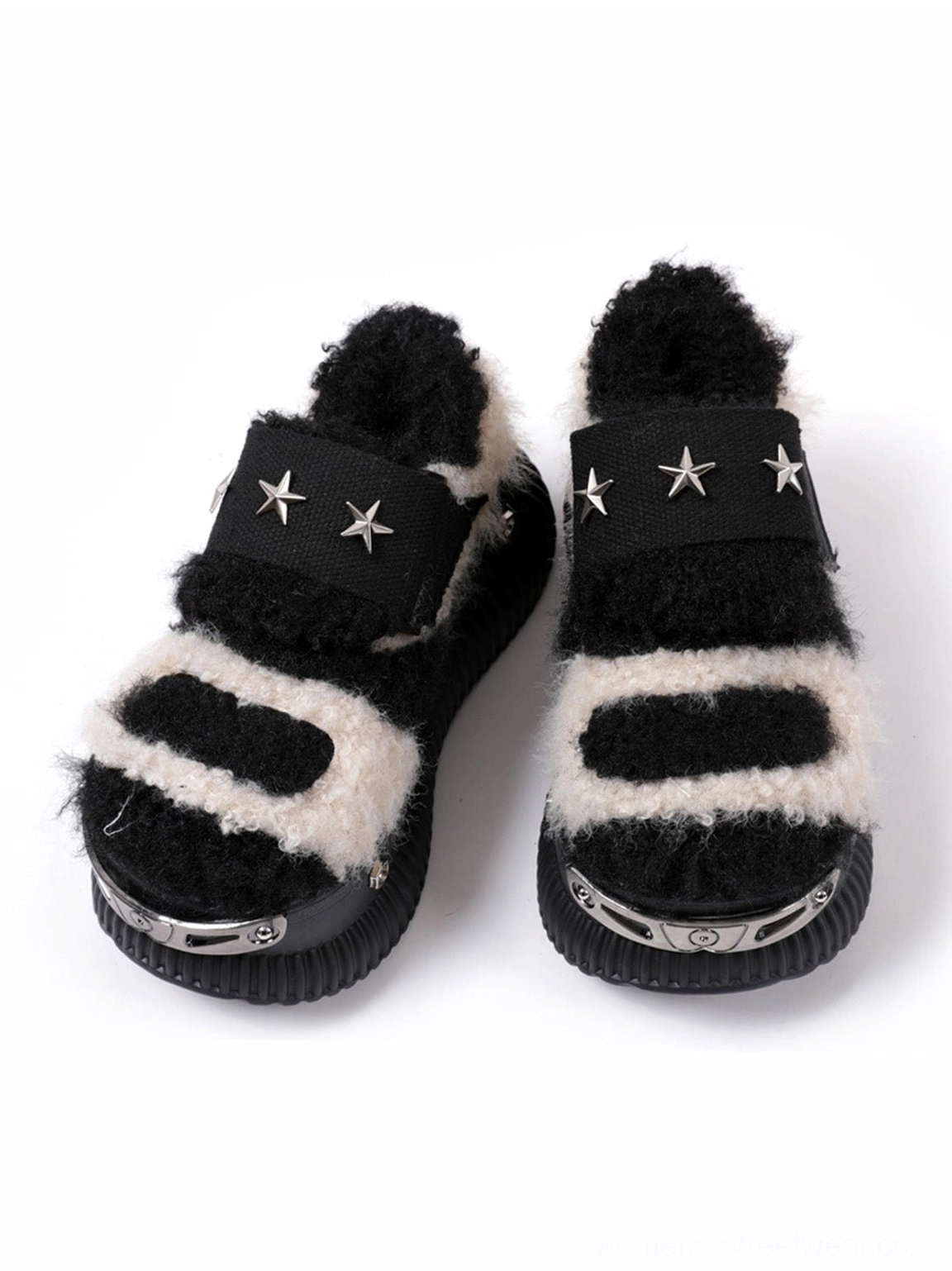 Front view of beige and black Y2K platform sneakers featuring engraved metal toe caps, silver star rivets, and chunky ridged soles