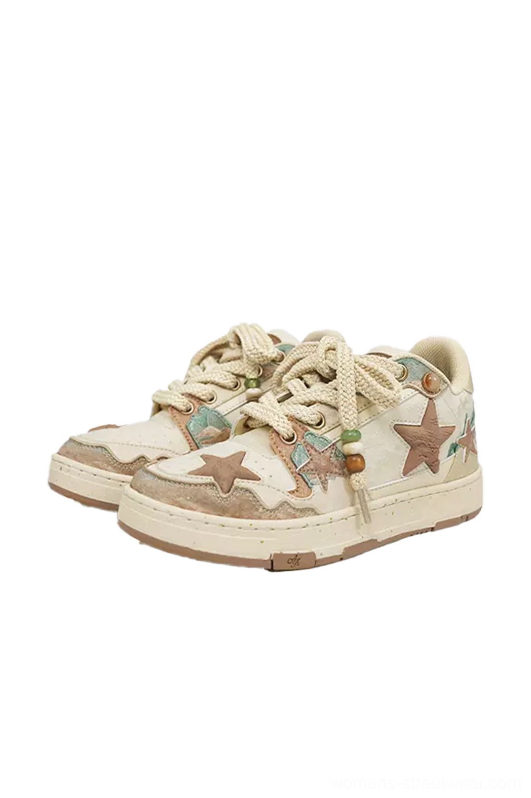Side-by-side view of beige and brown retro casual star sneakers showing jacquard upper, rope laces, and rubber outsole