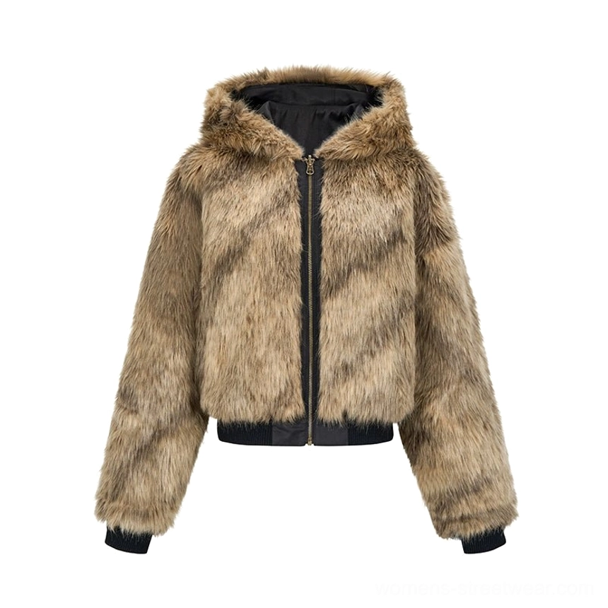 Beige brown reversible hooded faux fur winter jacket product image showing the plush exterior, oversized cropped fit, and streetwear styling