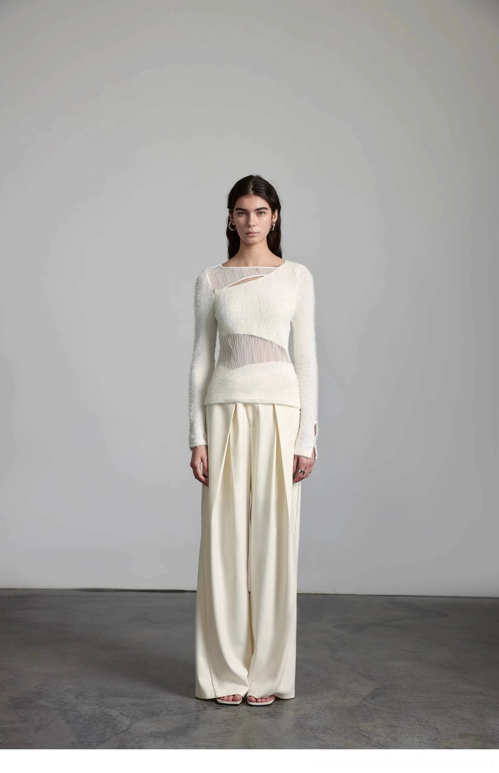 Beige cream tailored trousers with a full-length wide-leg cut for modern Korean streetwear outfits