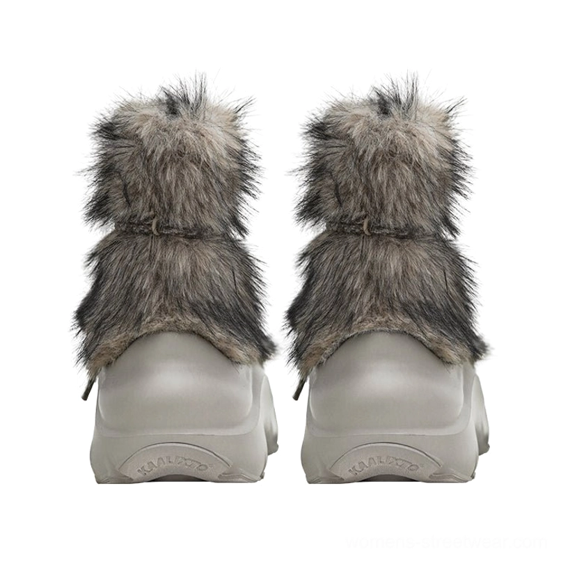 Beige faux fur beaded snow boots with rounded platform outsole and cozy winter streetwear silhouette
