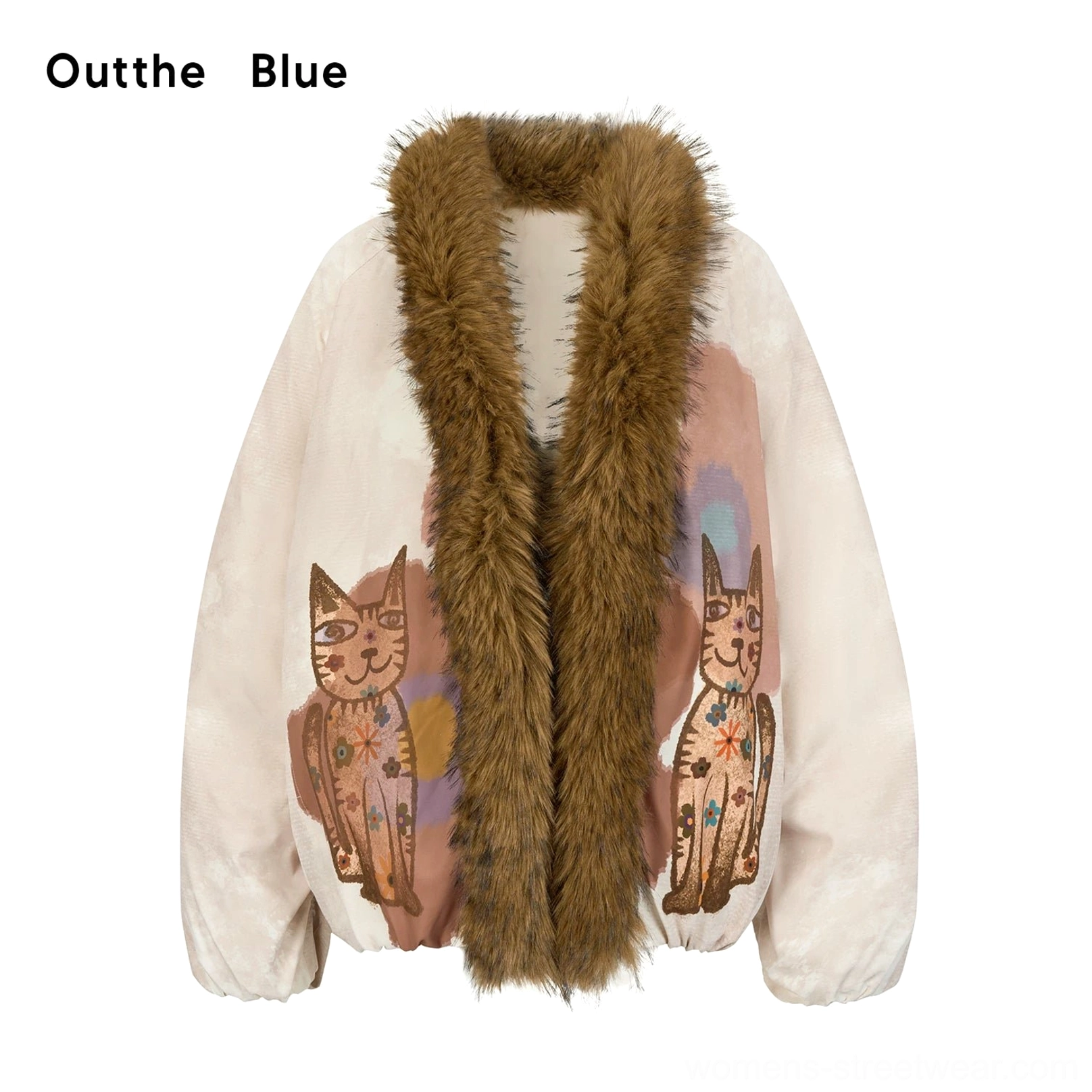 Beige faux fur cat print bomber jacket product view featuring floral artwork, relaxed fit, and statement collar trim