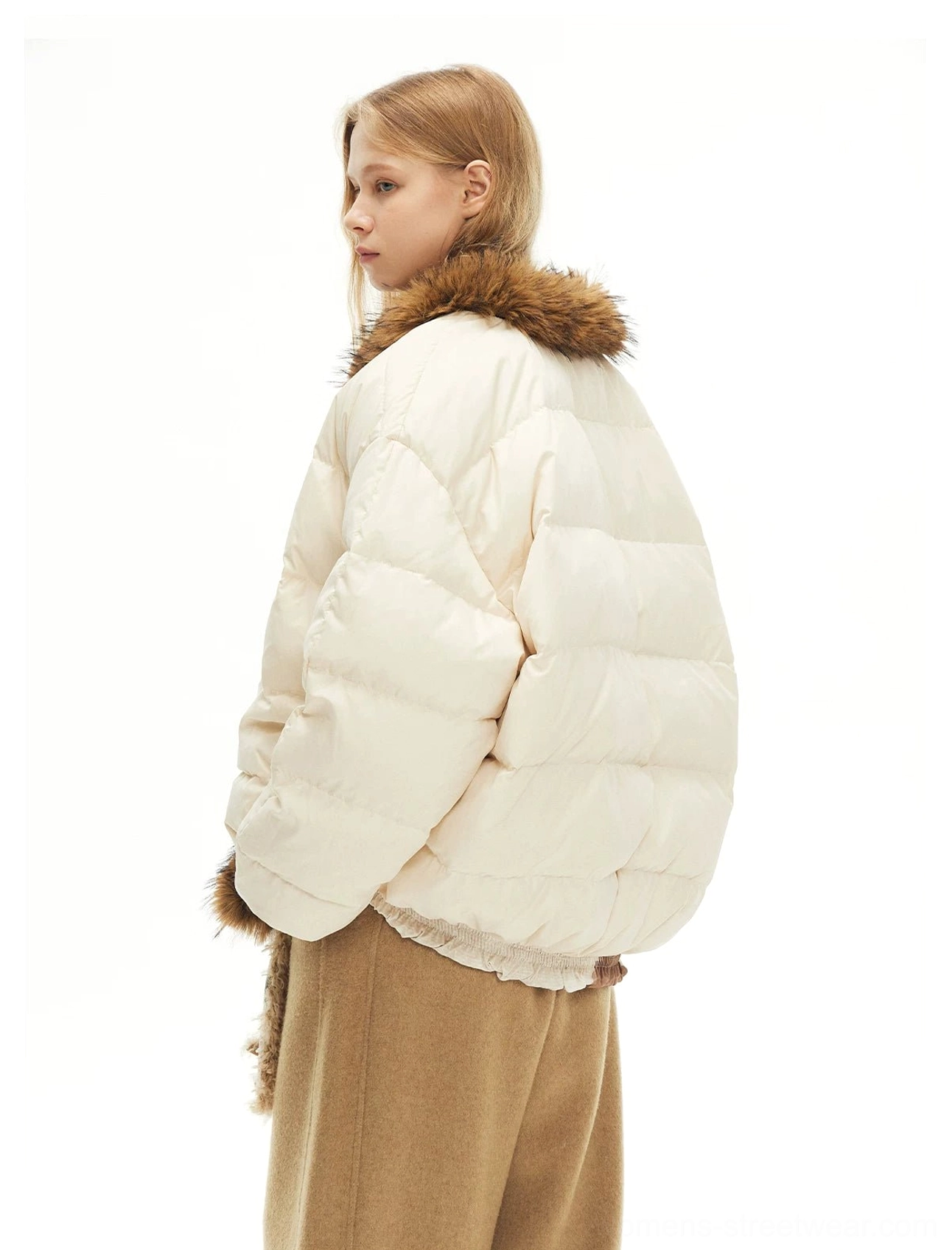 Beige faux fur cat print bomber jacket product image with oversized Seoul streetwear styling and shaggy brown trim
