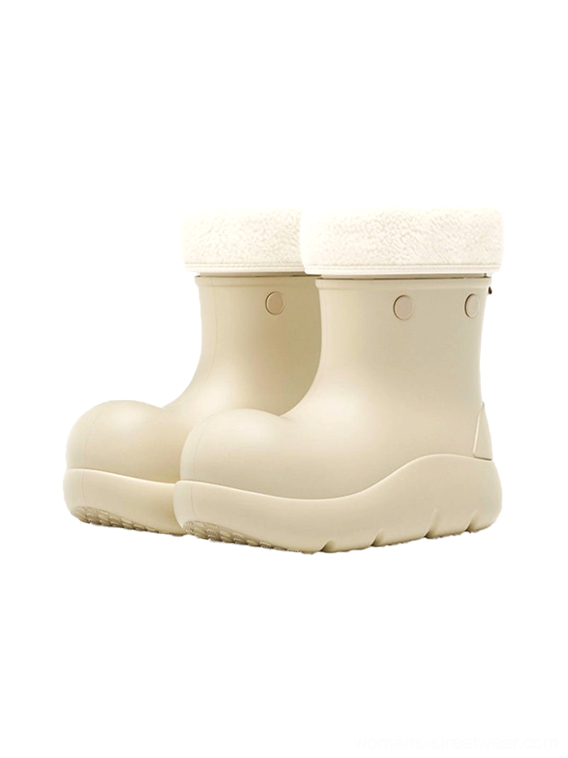 Front product view of beige faux fur lined platform winter boots showing rounded toe studded vamp and fluffy cuffs