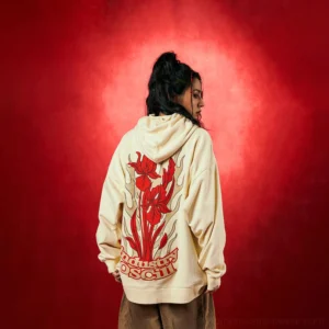 Beige floral flame oversized streetwear hoodie back view with red iris flame Industry Oscill graphic
