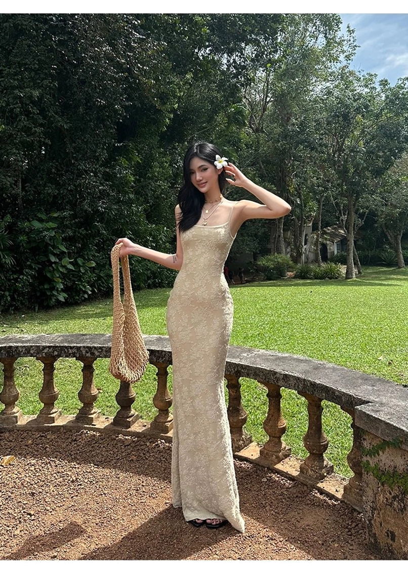 Beige floral lace bodycon maxi dress with thin straps and flattering elongated mermaid shape