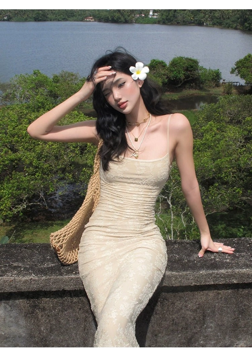 Beige floral lace mermaid maxi dress with square neckline and adjustable spaghetti straps in a romantic Korean streetwear style