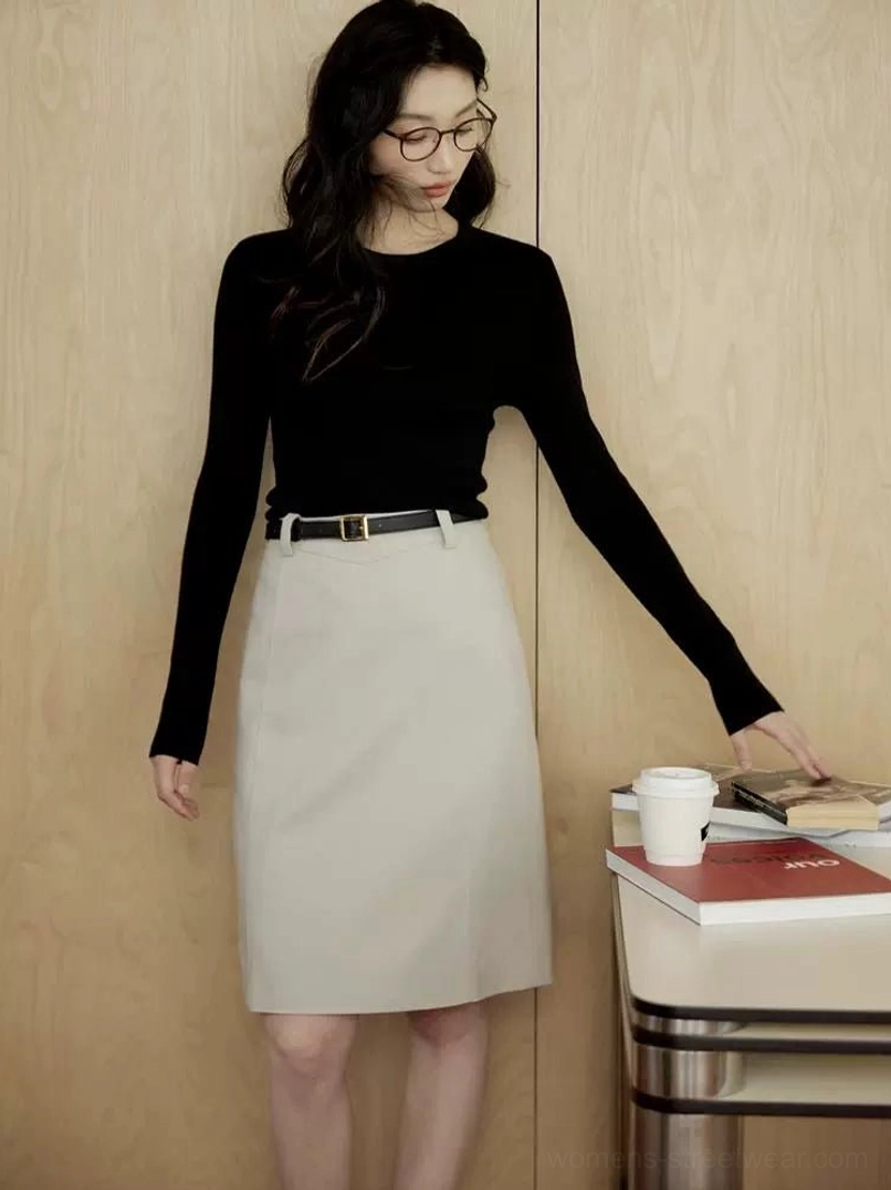 Beige gray belted tailored skirt in a front three-quarter view with a clean straight cut for Acubi style and minimalist East Asian fashion
