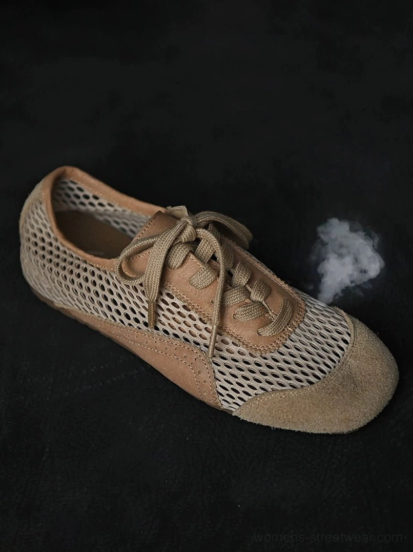 Beige and khaki mesh suede streetwear sneakers shown from a three-quarter side angle with perforated mesh and layered suede panels