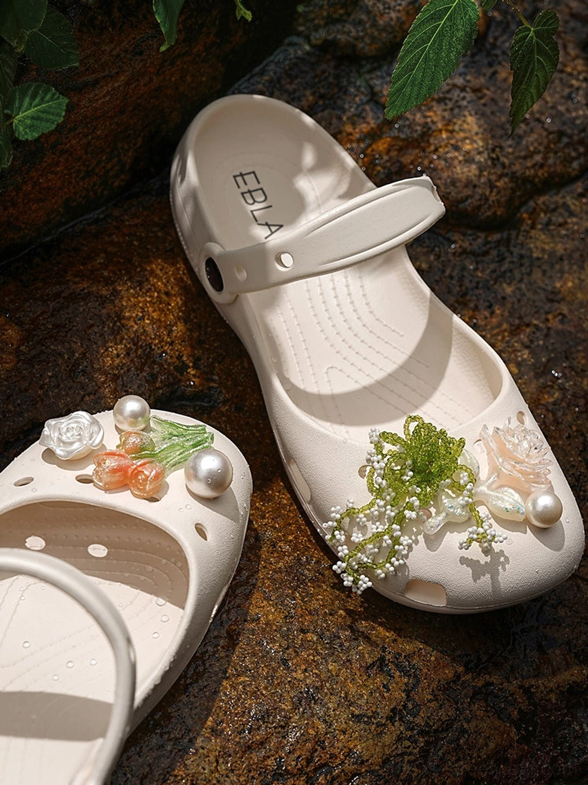Beige Mary Jane breathable slide sandals product image featuring hollow upper open construction lifted sole and decorative streetwear styling