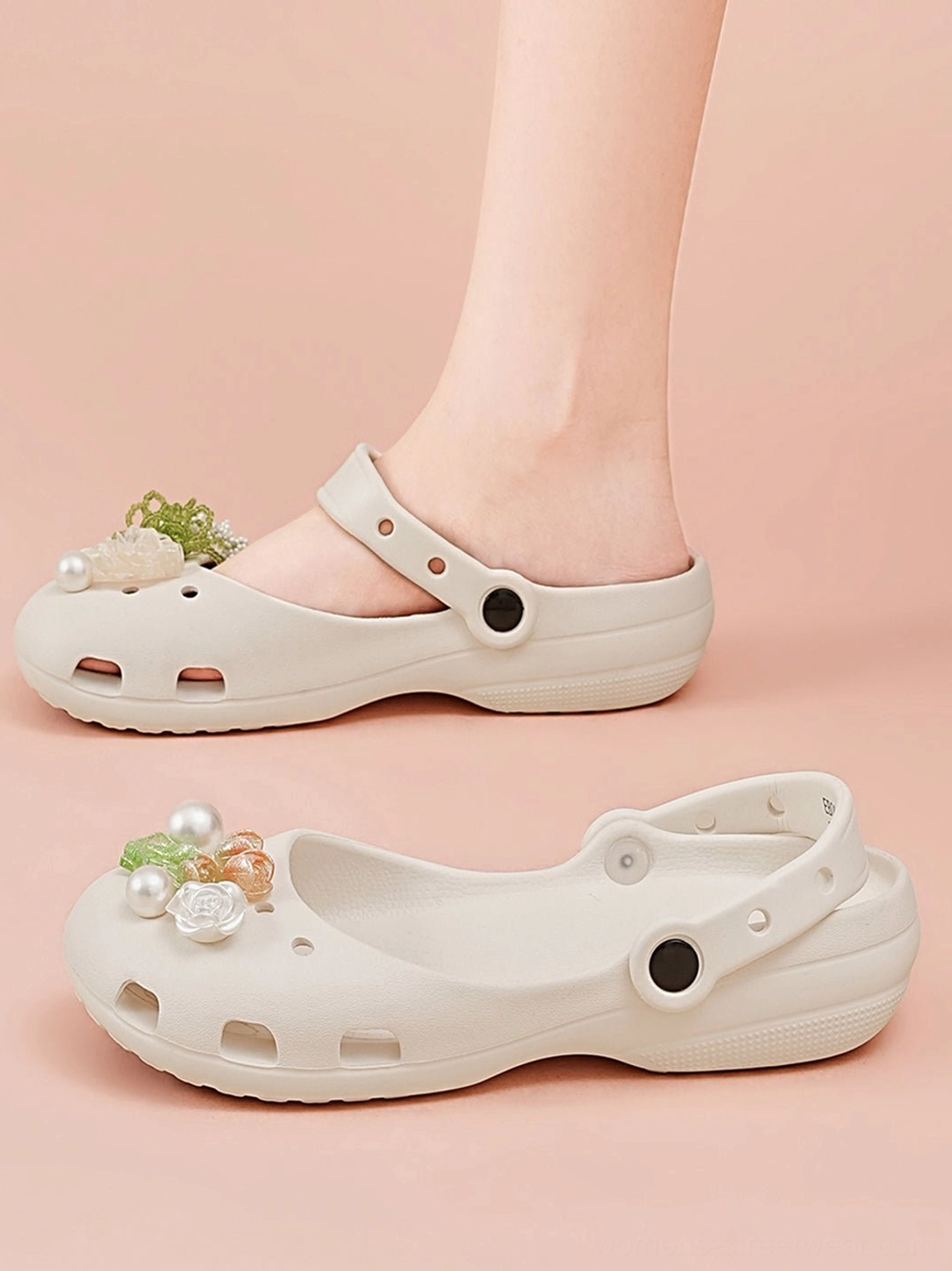 Beige Mary Jane slide sandals shown flat and worn on foot with matching floral decorations hollow breathable upper and raised sole