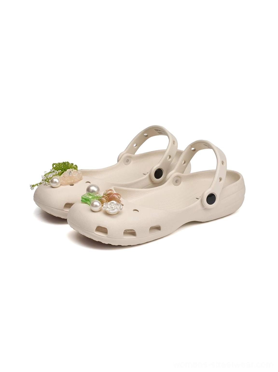 Beige Mary Jane slide sandals with breathable hollow upper adjustable strap and floral pearl embellishments for women's summer streetwear
