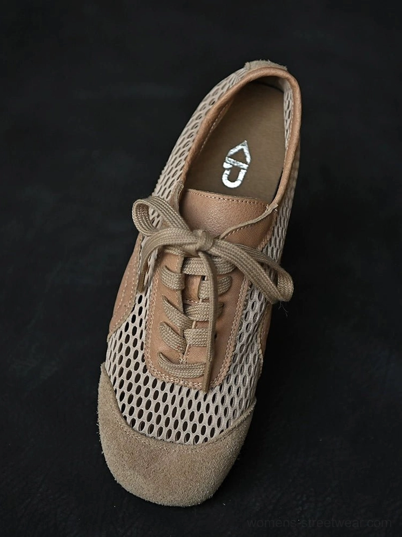 Beige mesh suede lace-up sneakers shown from a front top-down view with a soft suede toe cap, breathable mesh upper, and detailed insole