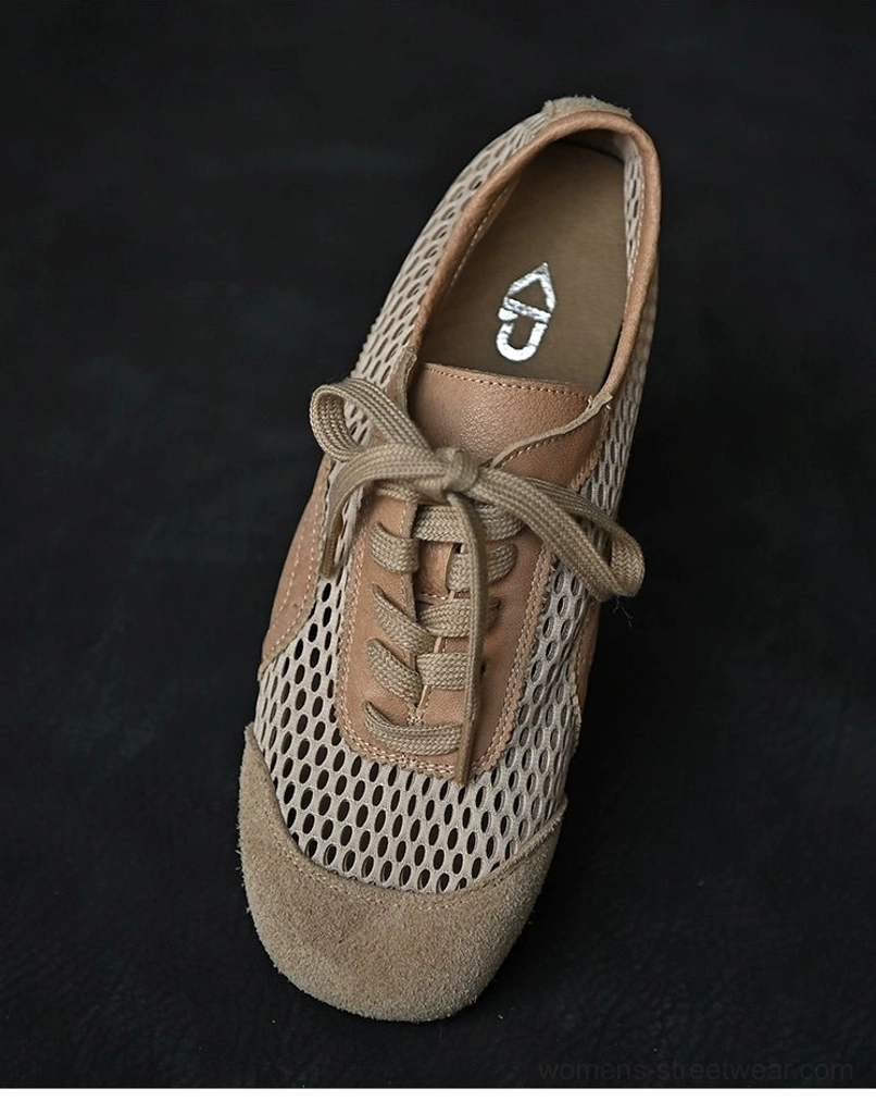 Beige mesh suede low-top sneakers with matching khaki laces, clean lace-up detailing, and a textured breathable upper
