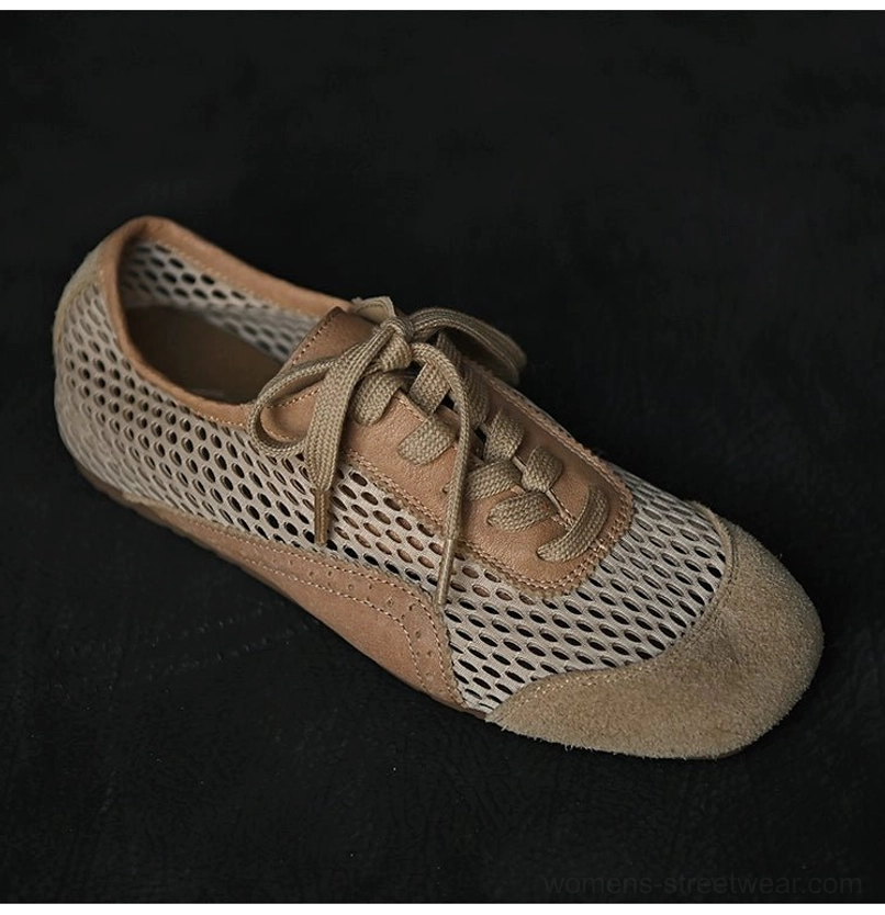 Beige mesh suede low-top streetwear sneakers shown from a three-quarter top-side angle with matching laces and suede side panels