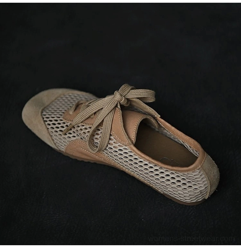 Beige mesh suede lace-up sneaker displayed in a side view with a low-top silhouette, suede heel trim, and flat rubber outsole