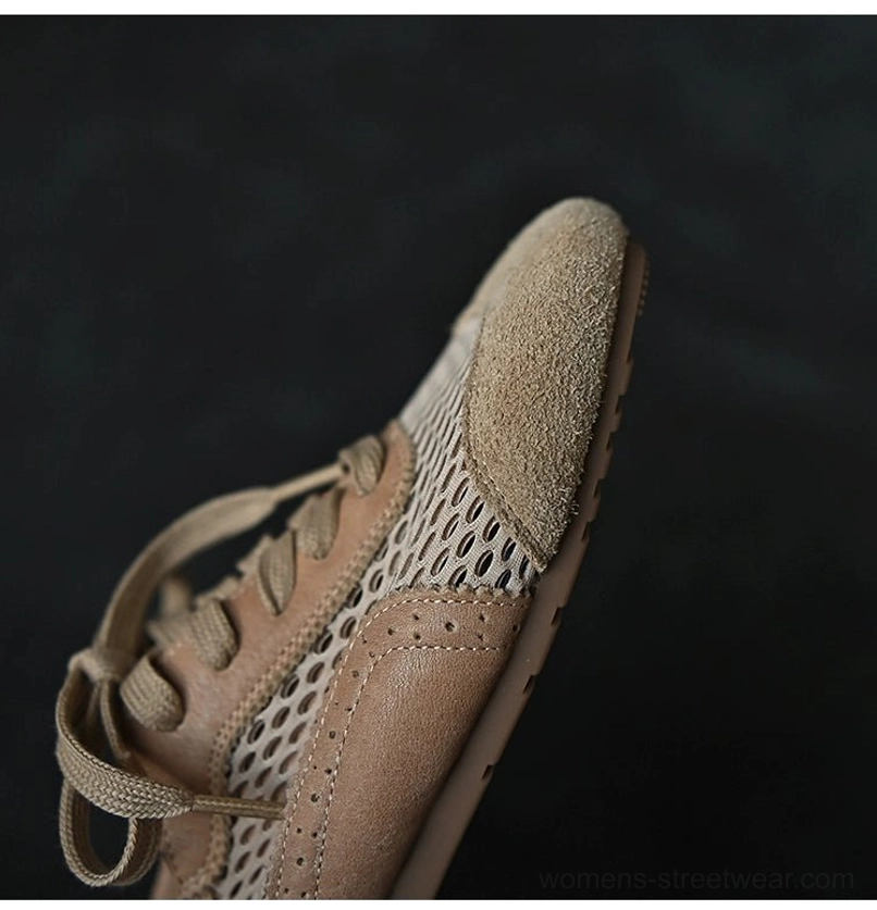 Beige mesh suede lace-up sneakers for women with a low-top streetwear silhouette and breathable textured upper