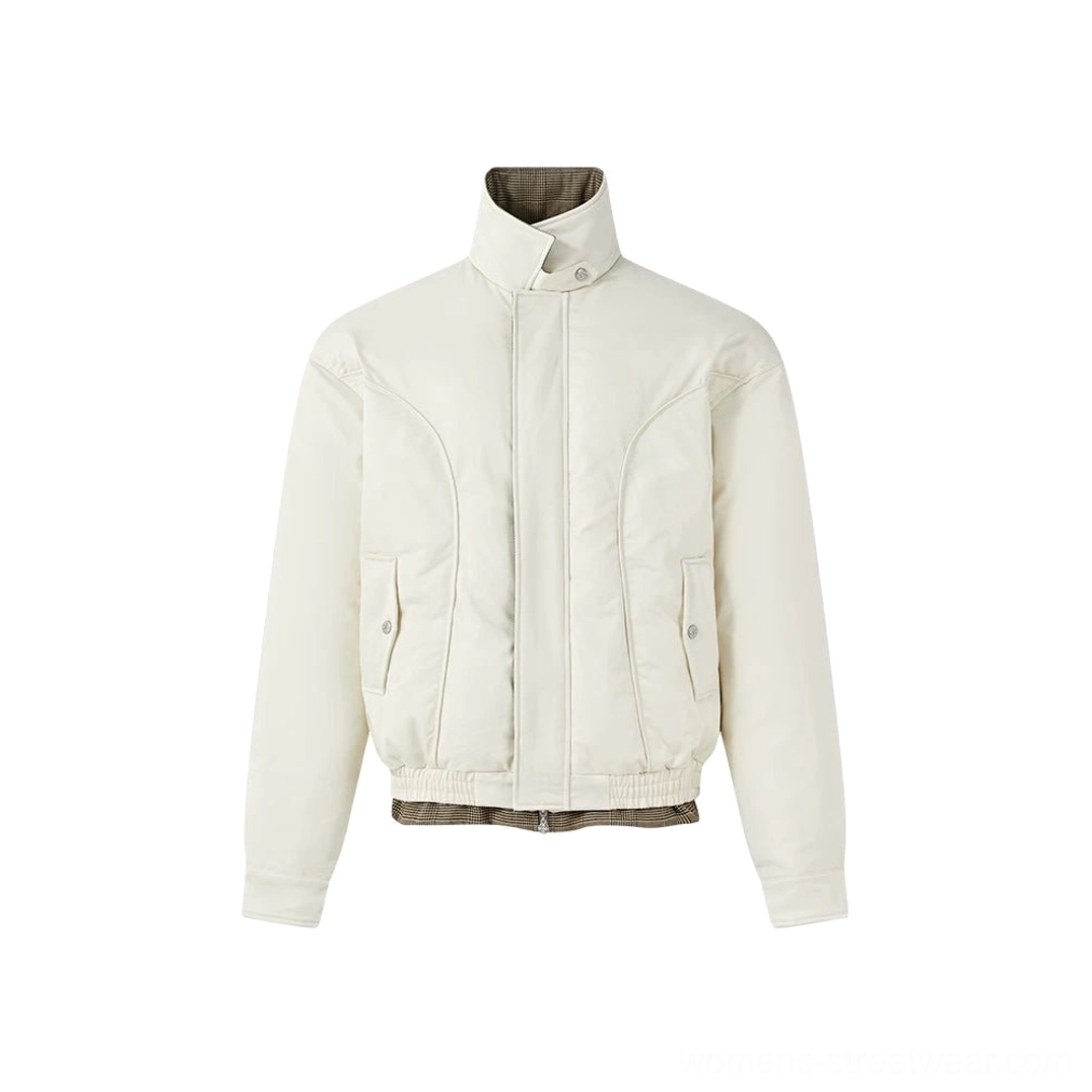 Neutral beige plaid-lined Harrington jacket product detail with cropped proportions and adaptable everyday streetwear styling