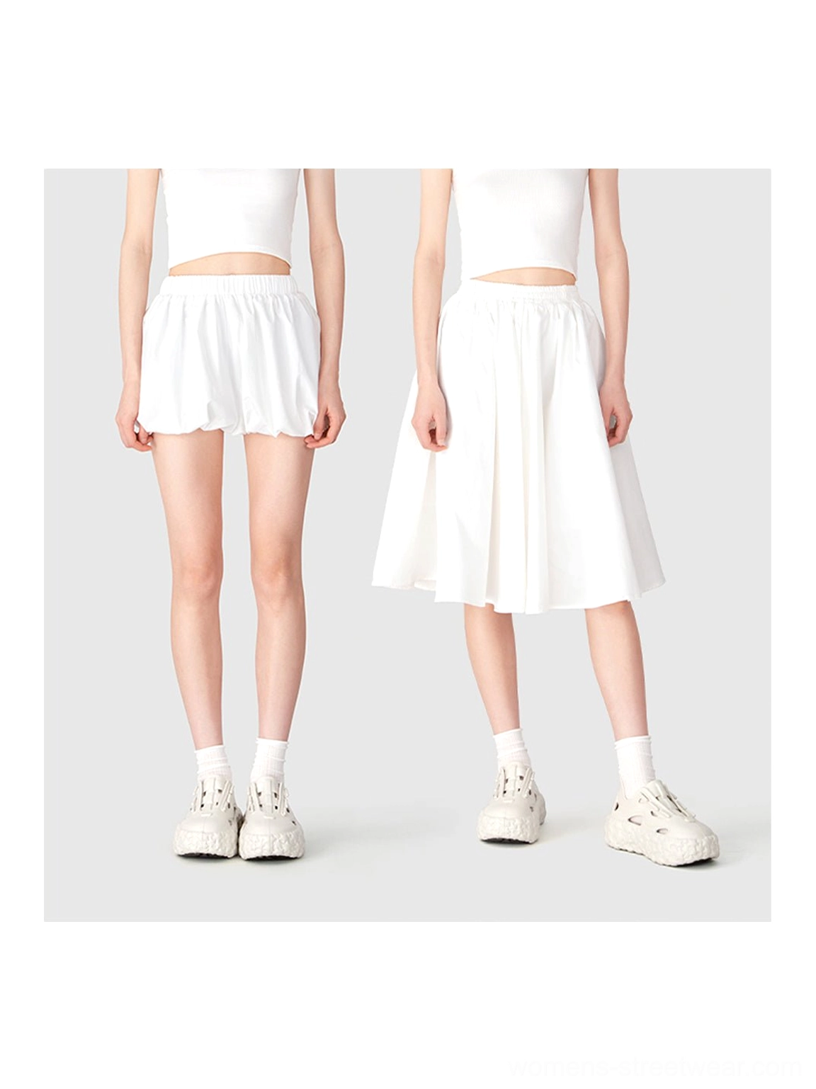 Two models wearing beige off-white platform sandals with socks styled with shorts and a midi skirt