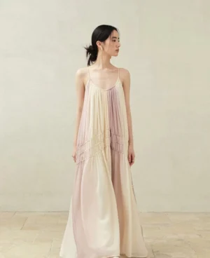 Beige purple gradient drawstring maxi slip dress front view in a minimalist studio