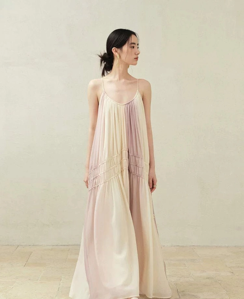 Beige purple gradient drawstring maxi slip dress front view in a minimalist studio