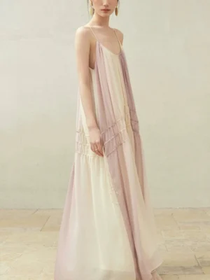 Side view of beige purple gradient maxi slip dress with V neckline and ruched drawstring front