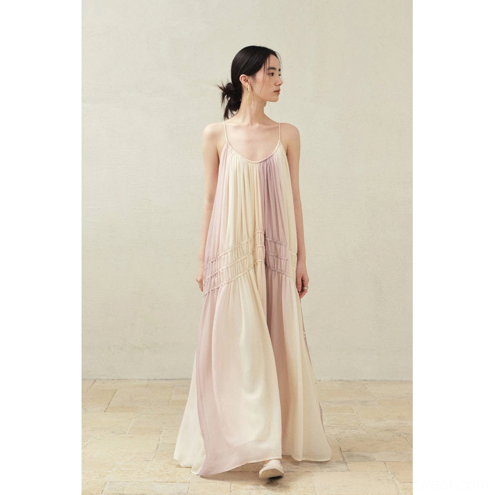 Full front outfit view of beige purple gradient ruched drawstring maxi slip dress