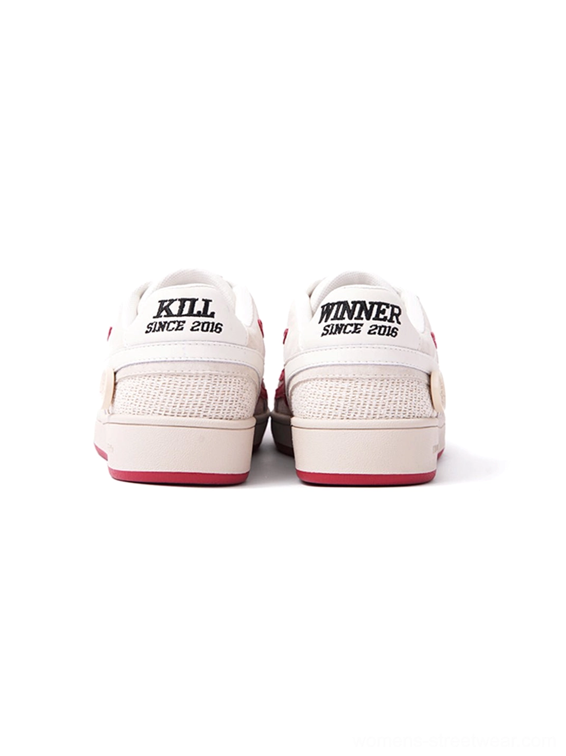 Rear view of beige and red retro sneakers showing KILL WINNER SINCE 2016 heel lettering, white mesh panels, and red rubber outsoles