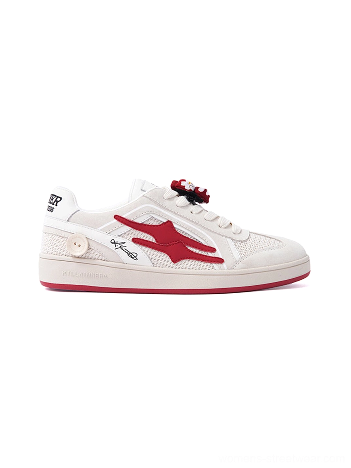 Right-side view of a beige and red retro training sneaker with mixed suede and mesh upper, red flame graphic, and flower lace decoration
