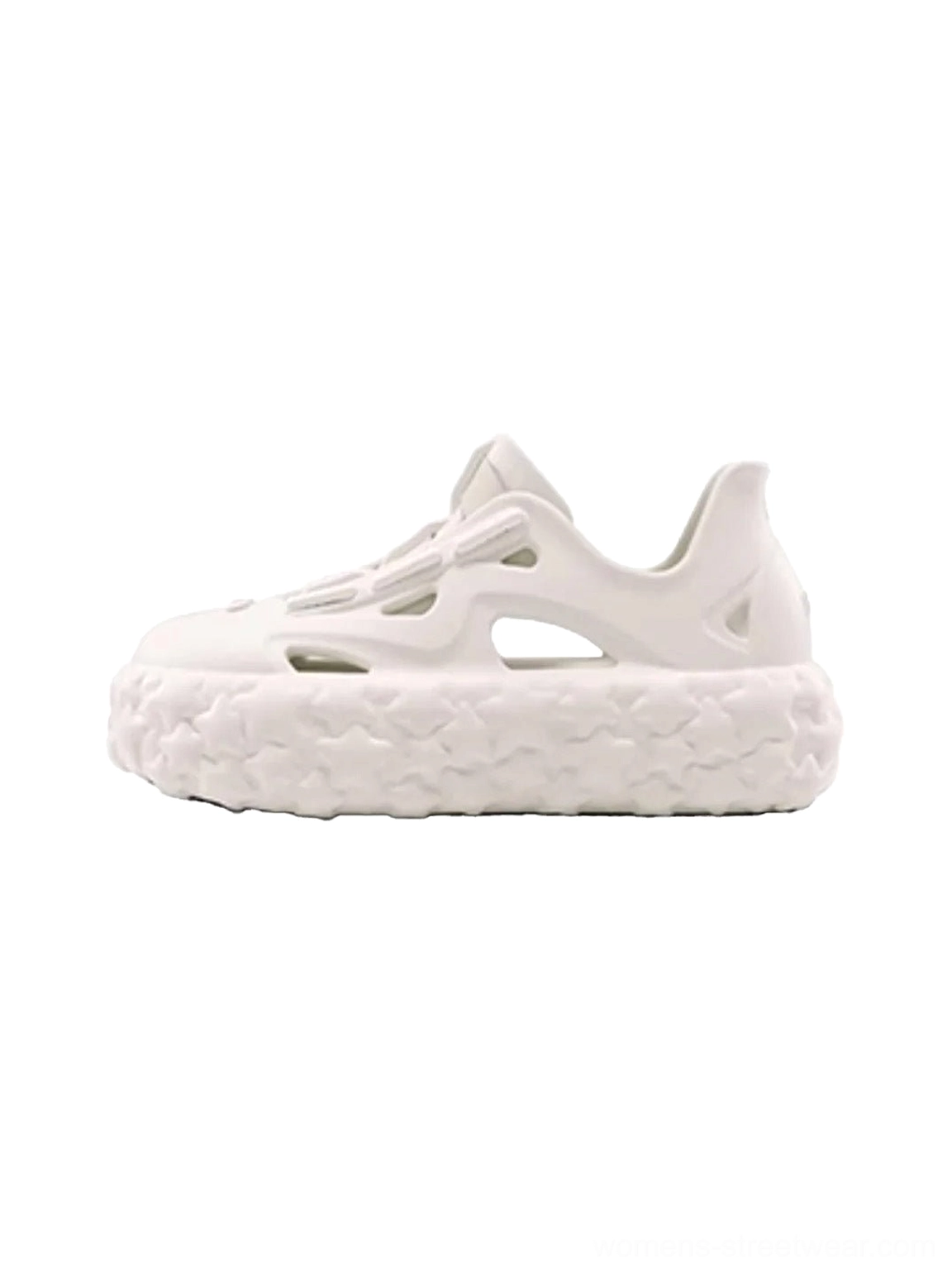 Single beige off-white star platform sandal with breathable cutout upper and textured streetwear sole shown from the left side
