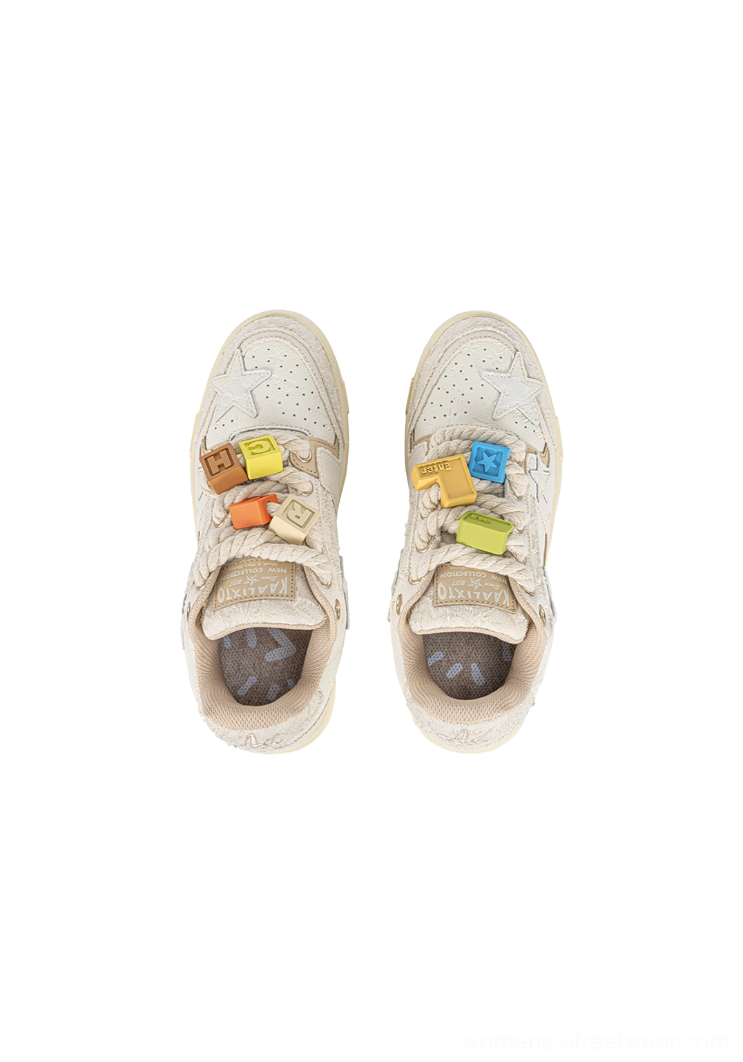 Beige star rope lace low-top streetwear sneakers with dimensional textured panels, cowhide star accents, and casual rubber soles