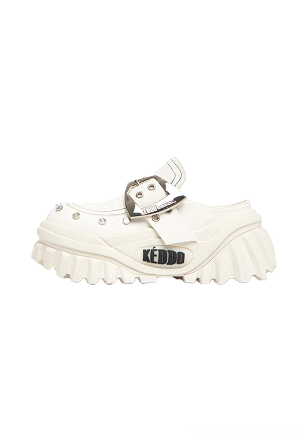 Beige studded buckle platform Mary Jane mule shoes with silver hardware, metal rivets, and a chunky elevated sole