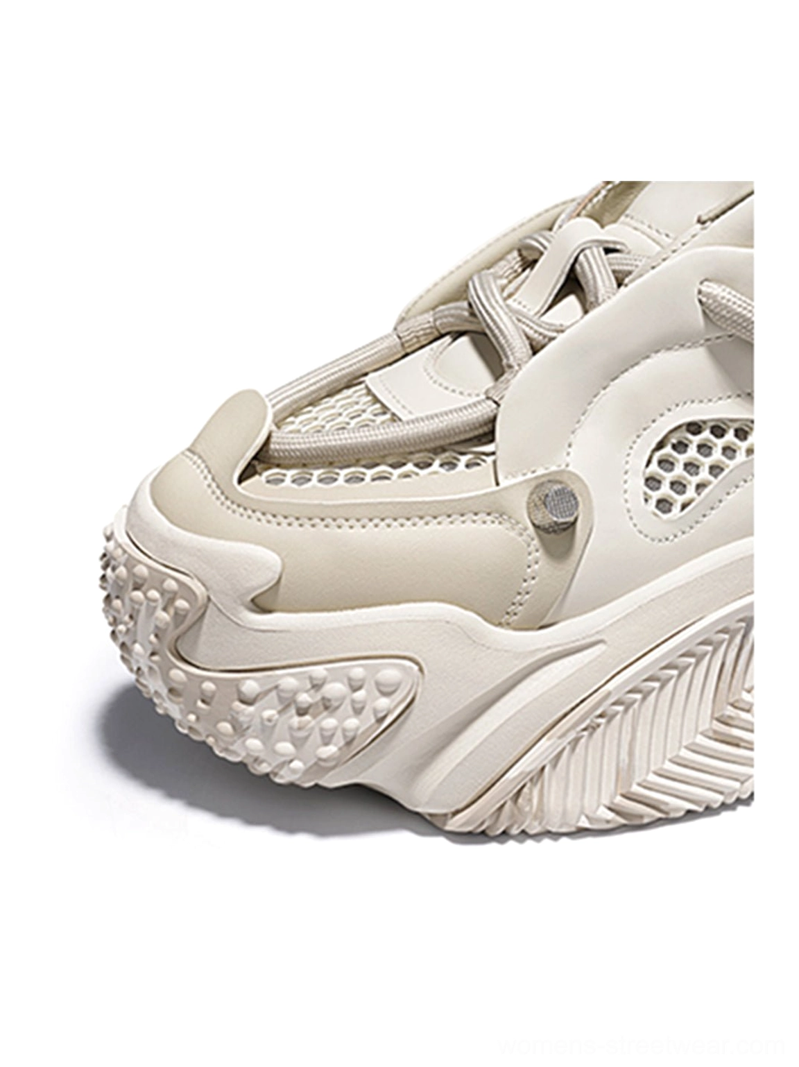 Close-up detail of Beige Vortex Mesh Air Cushion Platform Sneakers showing breathable mesh strap hardware and rubber toe texture