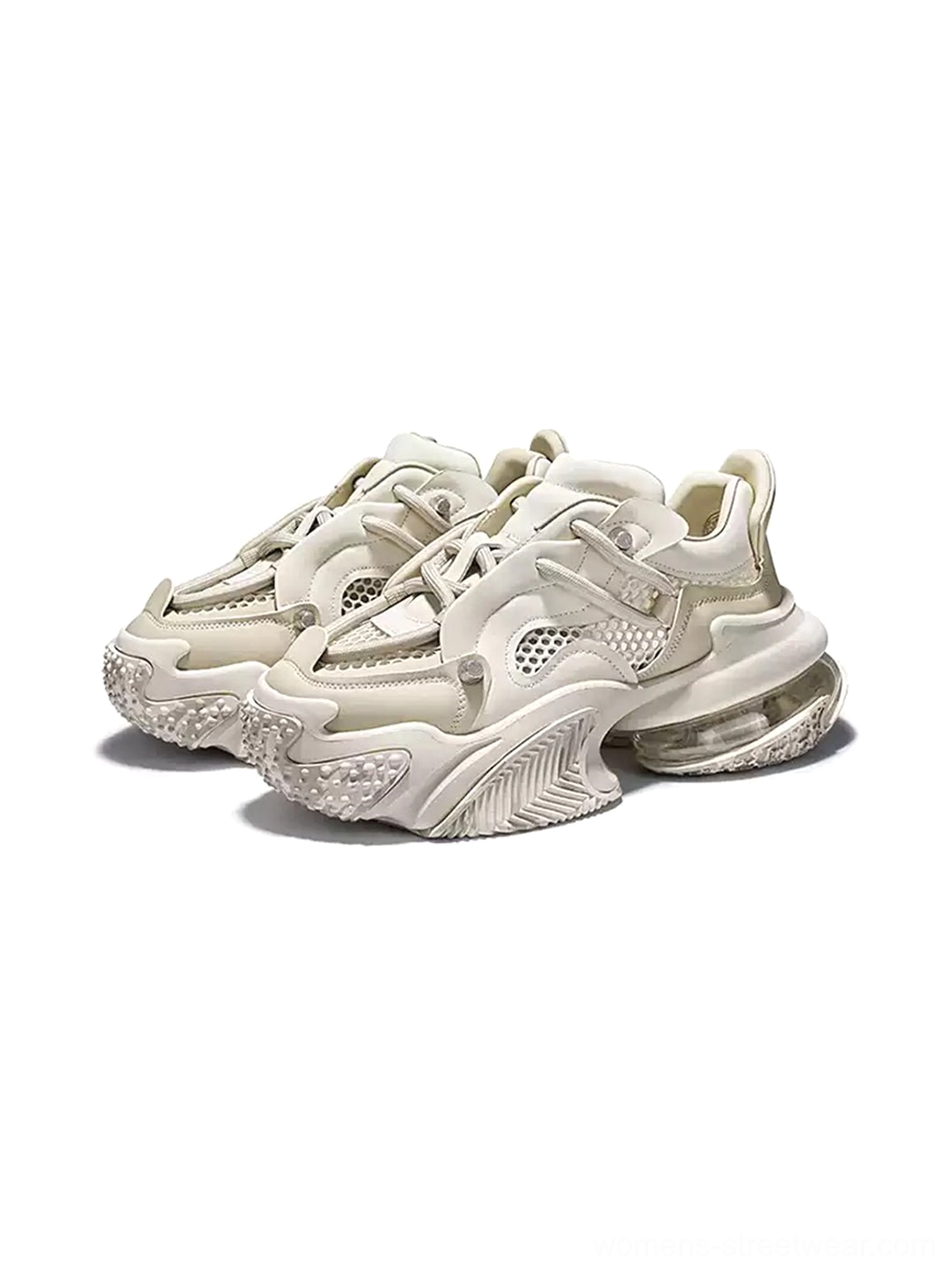 Pair of Beige Vortex Mesh Air Cushion Platform Sneakers showing sculpted mesh uppers and chunky platform outsole