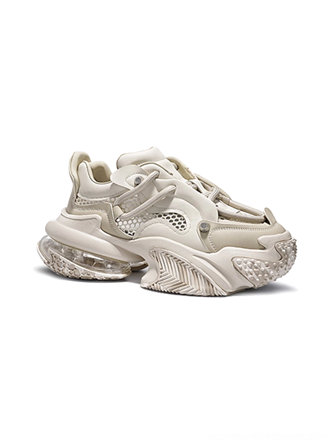Beige Vortex Mesh Air Cushion Platform Sneakers right side view with ventilated panels and textured rubber outsole