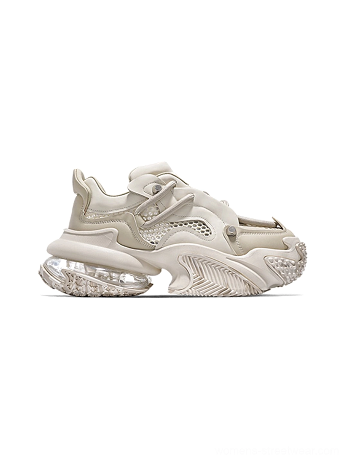 Three quarter view of Beige Vortex Mesh Air Cushion Platform Sneakers with tonal straps and transparent sole pods