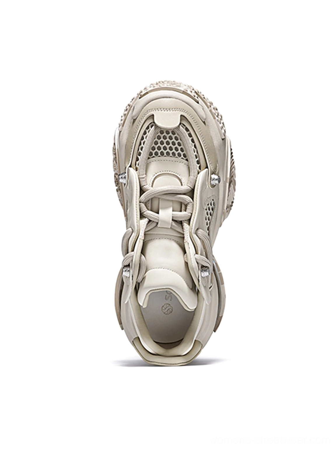 Top view of Beige Vortex Mesh Air Cushion Platform Sneakers with lace-up closure mesh tongue and structured toe cap