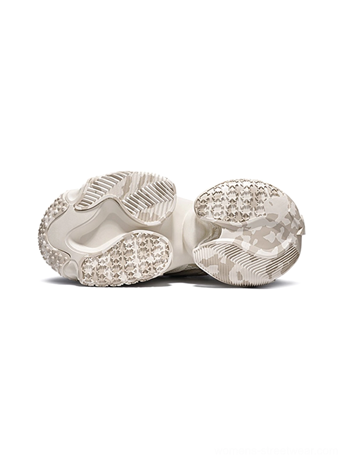 Bottom outsole view of Beige Vortex Mesh Air Cushion Platform Sneakers with multidirectional traction lugs and air pods