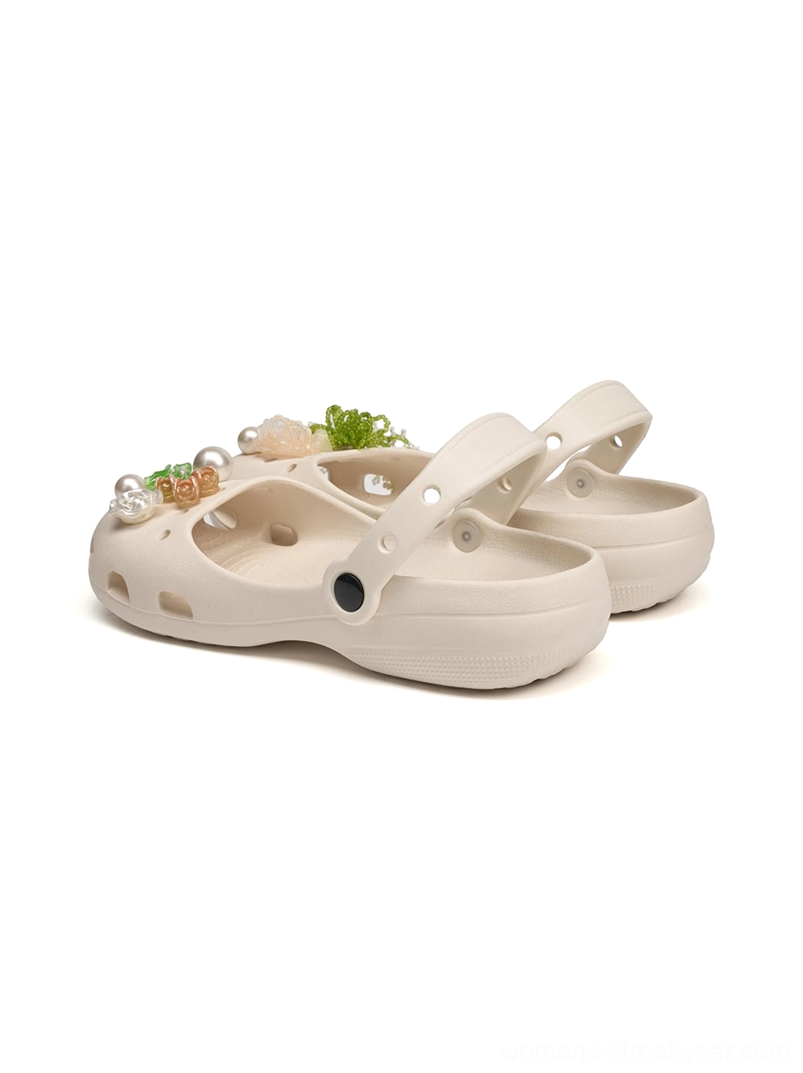 Beige women's decorative slide sandals in Mary Jane style with floral pearl details breathable open upper and everyday comfort shape
