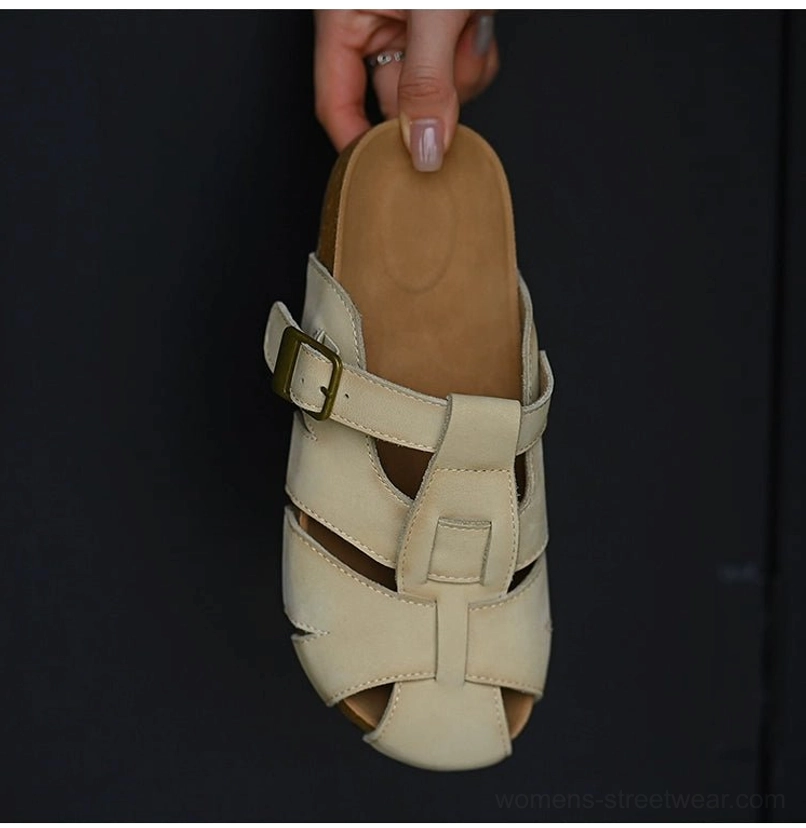 Beige fisherman sandals for women's streetwear with woven leather straps, rounded closed toe, adjustable buckle fastening, and comfortable layered sole