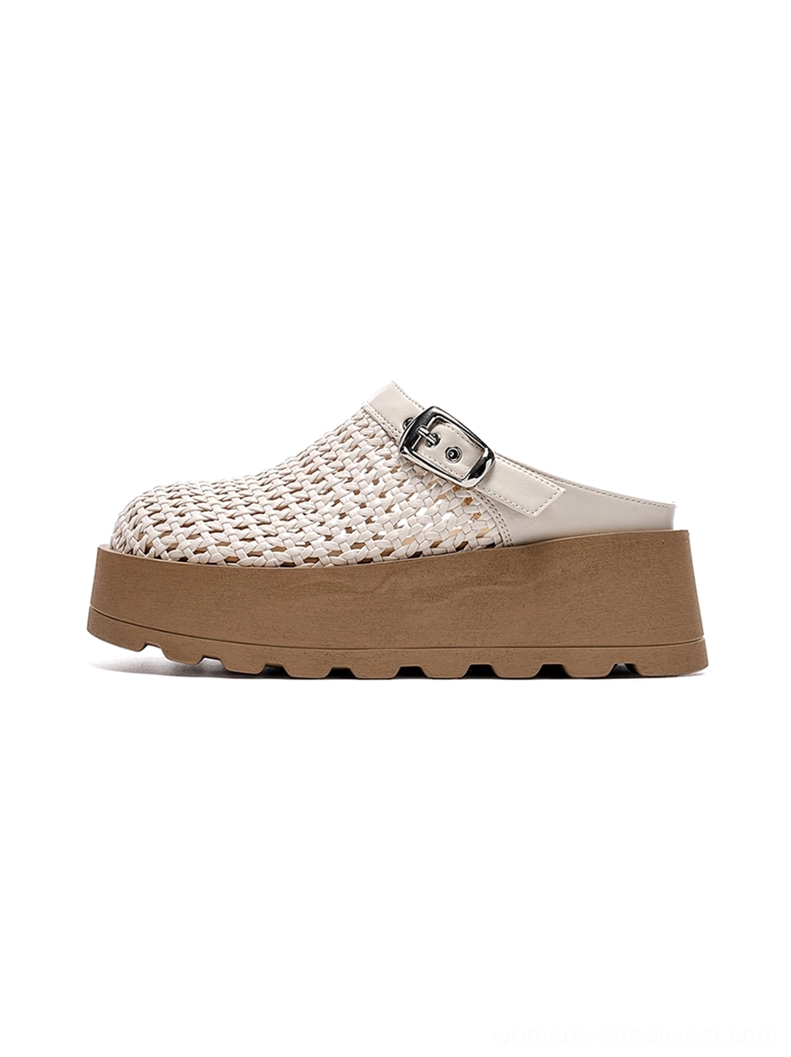 Beige woven cutout platform mules with brown chunky lug sole and silver buckle shown from the left side