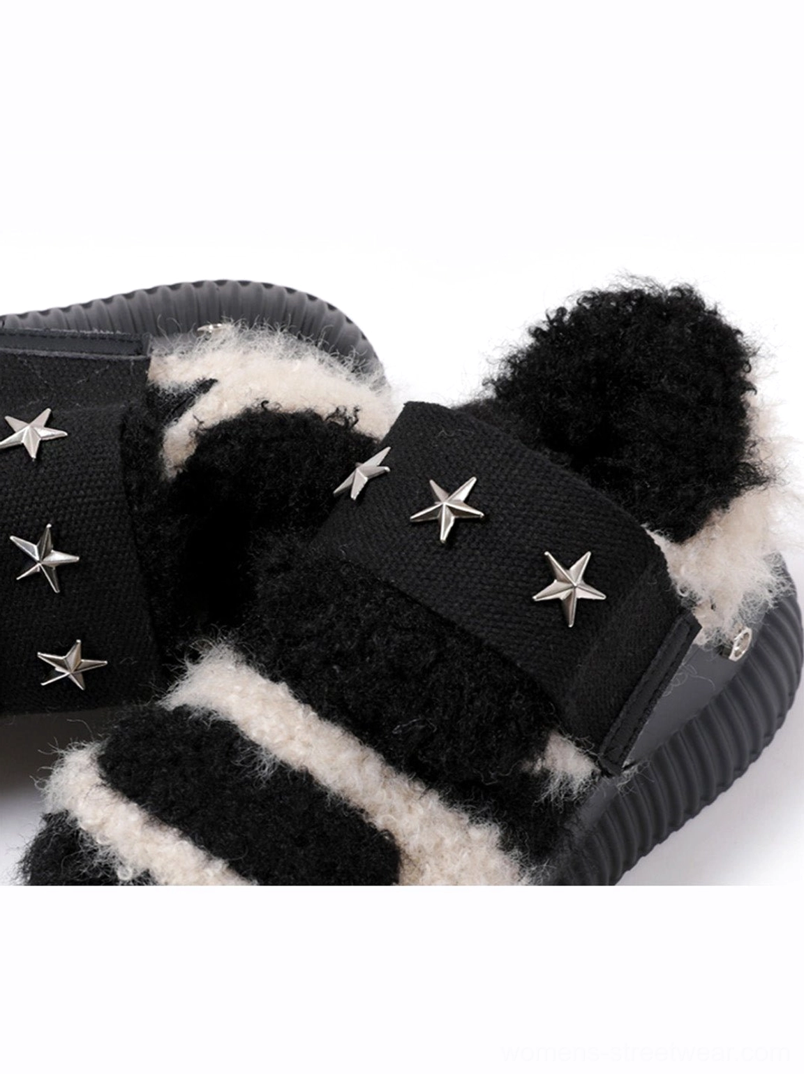 Beige Y2K fuzzy star platform sneakers with black patchwork, silver hardware, metal toe caps, and chunky streetwear platform soles