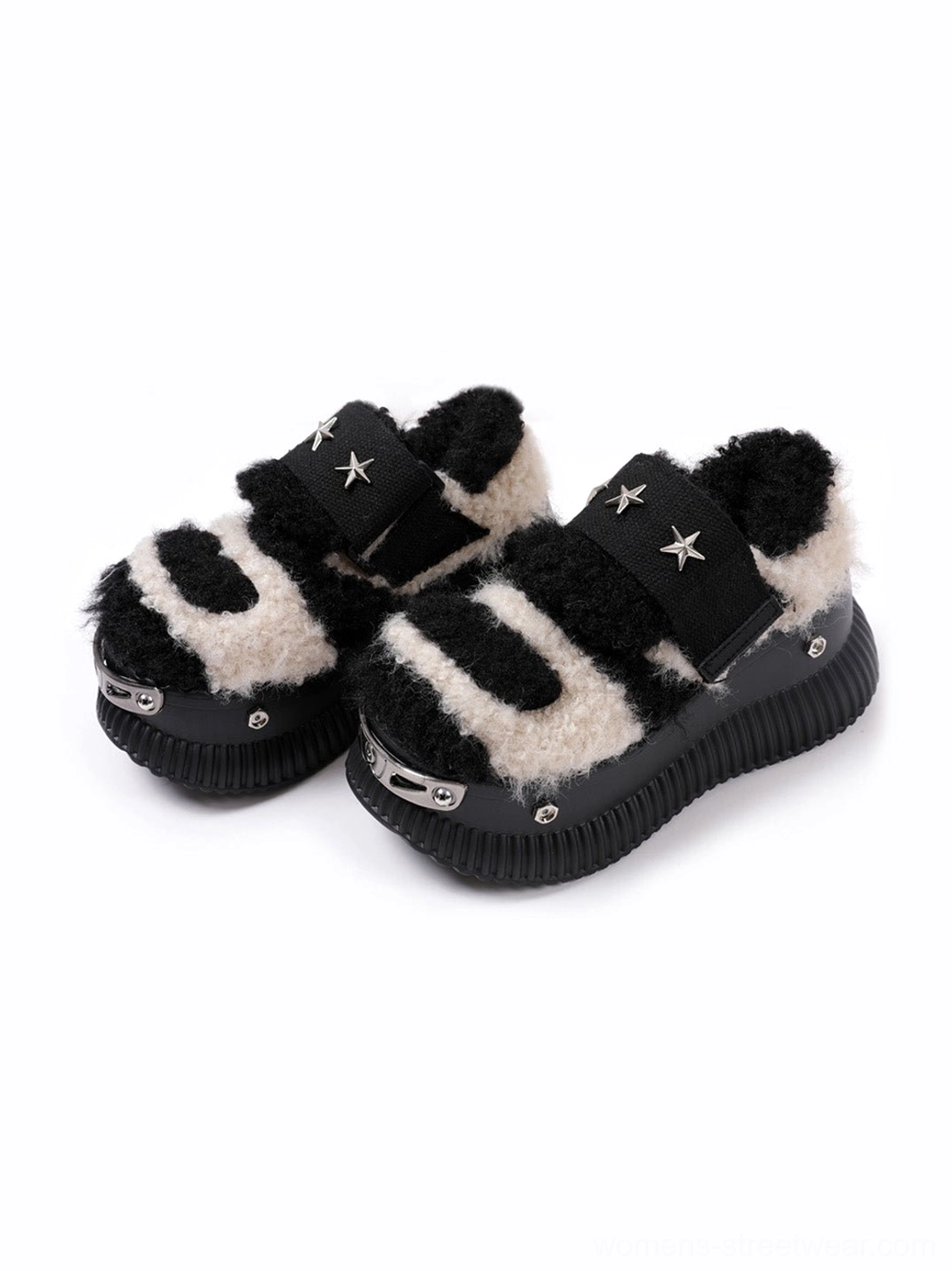 Beige Y2K fuzzy star platform sneakers displayed from a front three-quarter angle with silver rivets, metal toe caps, and chunky soles