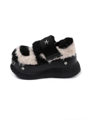 Side profile of beige and black Y2K fuzzy star platform sneakers with silver strap details, metal toe cap, and chunky ridged sole